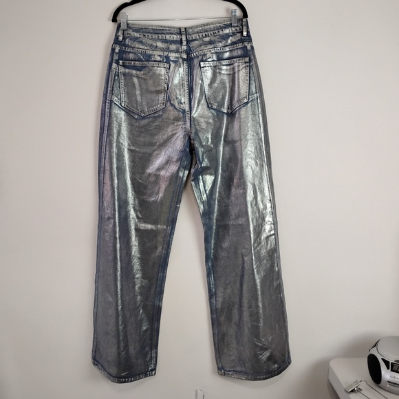 SHEIN Women's Jeans Size 30 Metallic Silver High Waisted Wide Leg Patch Pockets - Picture 4 of 9